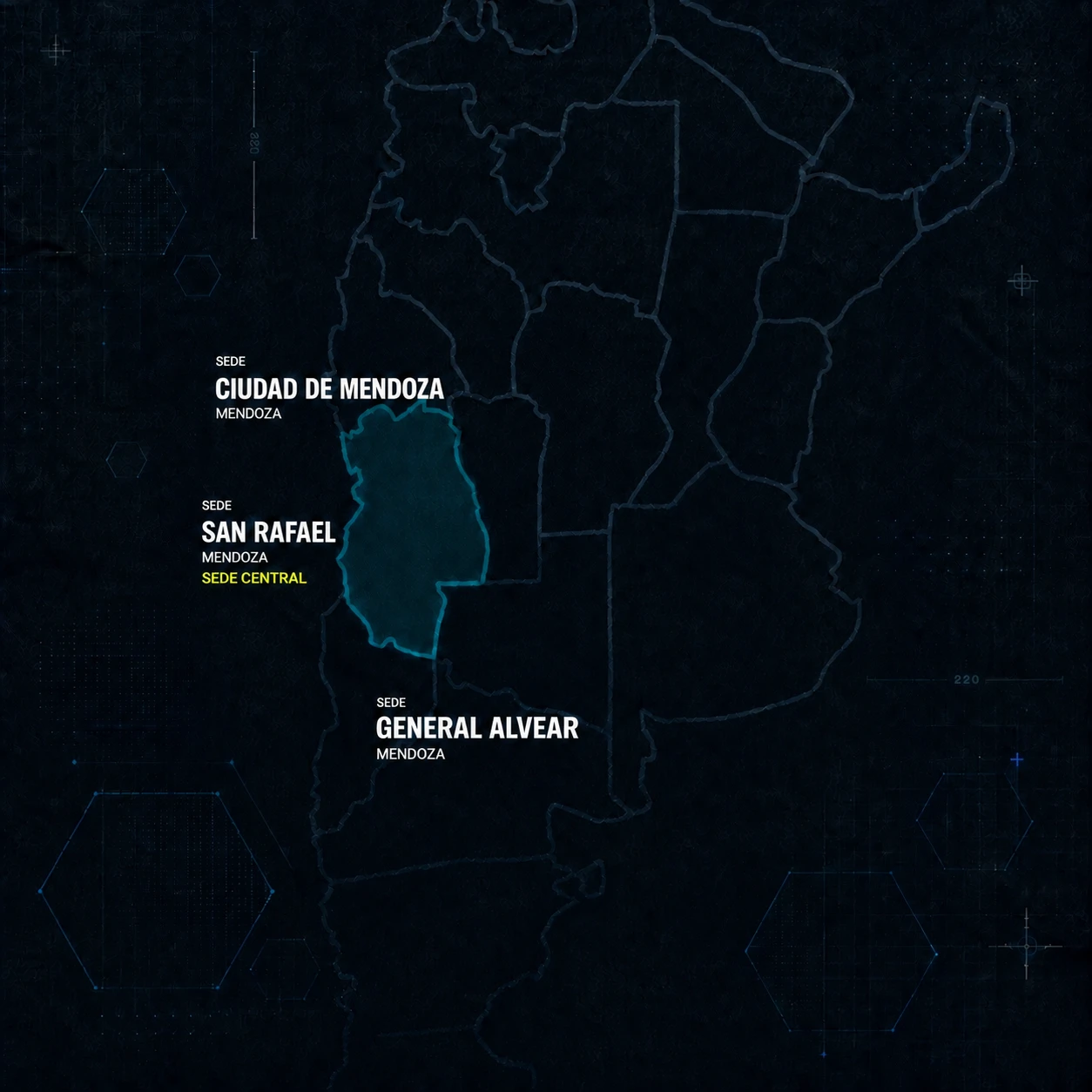 Mapa de Argentina con Mendoza destacada y las sedes de Ciudad de Mendoza, San Rafael y General Alvear